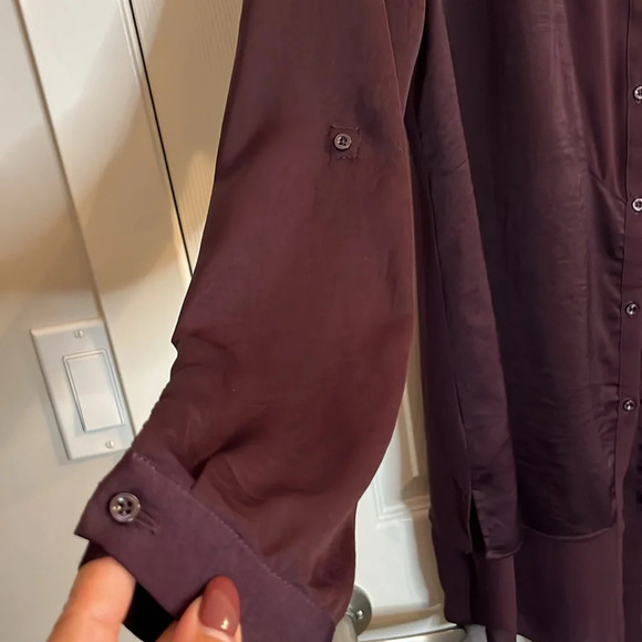 REITMANS women M multilayer blouse  wine burgundy bib style roll-up sleeve sheer - Picture 7 of 12